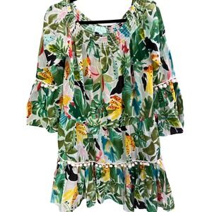 True Destination Mini Dress L Green Tropical Smocked Ruffle Bell Sleeve Vacation